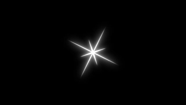 Rotating white sparkle visual element with glowing shiny star light beam loop overlay on black background graphic for magical cinematic presentation and wedding video design project. 4k