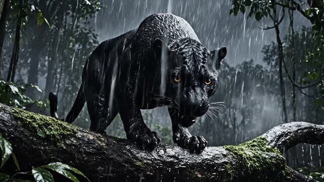 Majestic Black Panther Stalks Through Rainy Jungle During Lightning Storm.