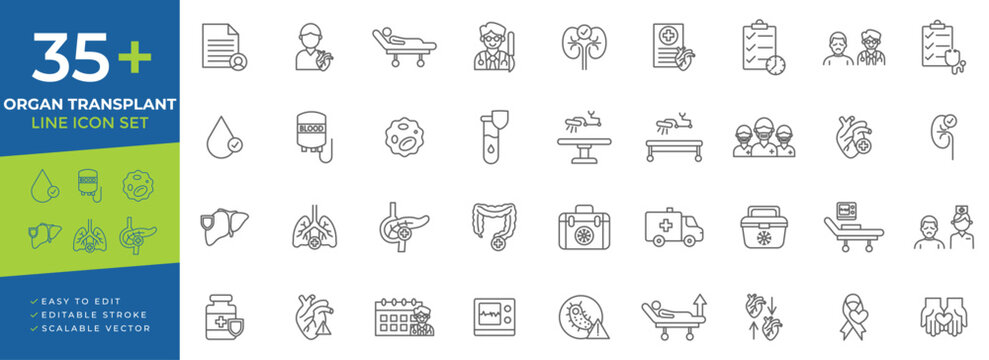 Organ transplant line icon set with donor registration, blood transfusion, surgical procedures, patient recovery, and healthcare monitoring concepts for hospital systems and clinical services