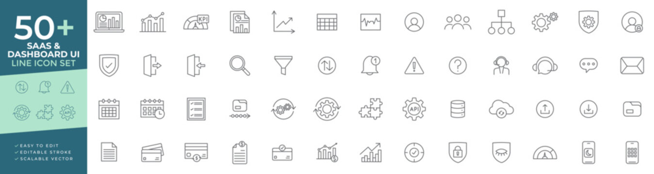 SaaS and dashboard UI line icon set with analytics, KPI tracking, cloud synchronization, API integration, and user management concepts for web applications, admin panels, and software platforms