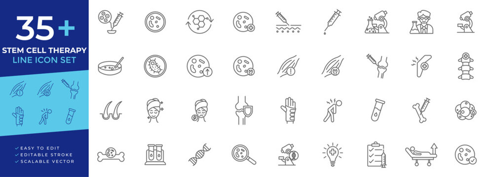 Stem cell therapy line icon set with regenerative medicine, cellular research, DNA analysis, and biotechnology concepts for healthcare platforms and clinical research systems