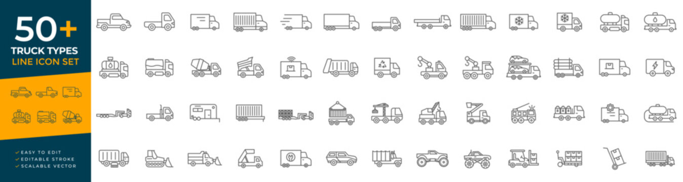 Truck types line icon set with cargo transport, tanker vehicles, delivery vans, logistics transport, and industrial utility trucks used for shipping platforms and transportation design