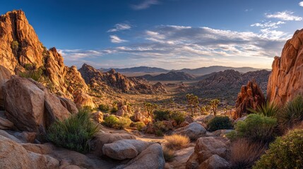Naklejka premium Expansive desert panorama featuring Joshua trees under dramatic sky
