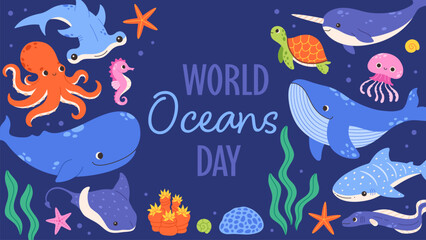 World ocean day greeting card with marine animals, algae, corals. Underwater world. Flat vector illustration  © Amahce