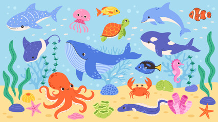 Cute sea animals set. Underwater bottom with fishes, octopus, whale, killer whale, crab, jellyfish, turtle, seahorse, tiger shark, coral, algae. Flat vector illustration © Amahce