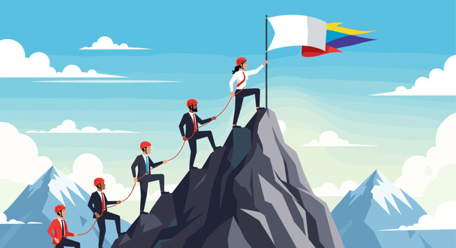 Team climbing mountain to reach summit with flag symbolizing success and teamwork
