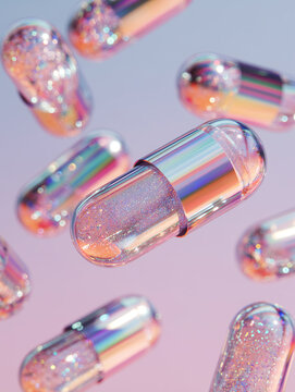 Close up of holographic pill capsules with glitter filling floating in the air. Creative abstract concept of beauty supplements, vitamins, magic medicine or cosmetic pearls