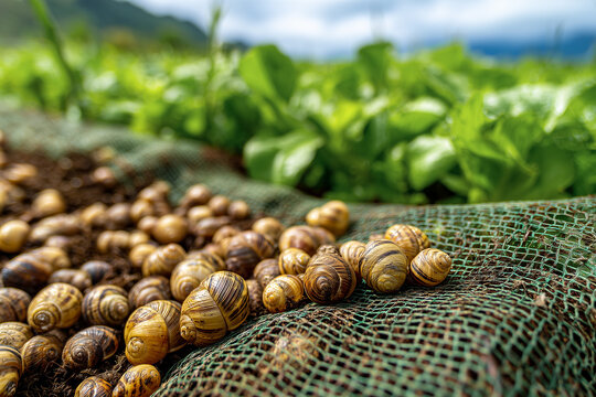 Many edible snails on a mesh netting at a breeding farm field. Concept of heliciculture, organic escargot production, agricultural business and gourmet seafood delicacy