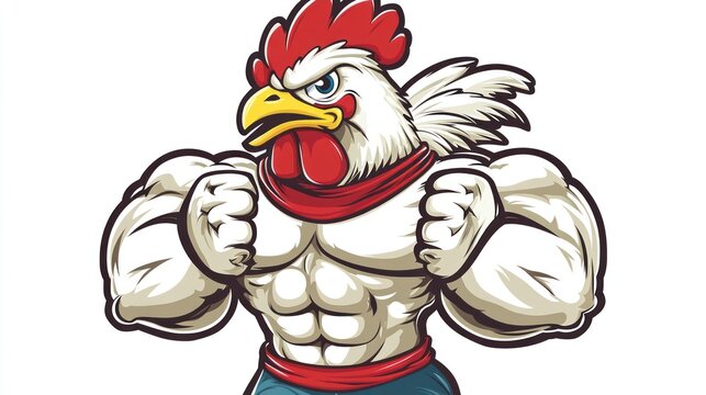 Cartoon rooster with muscles, strong stance,  isolated, illustration, design