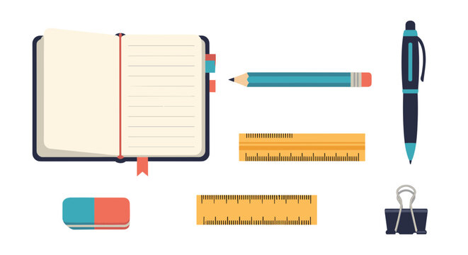 Collection of school and office supplies including an open notebook pencil eraser ruler pen and binder clip