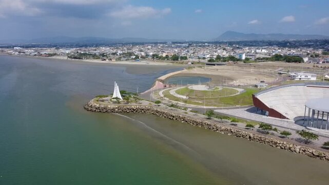 Aerial panorama of Manta coast from Megaparque breakwater to Tarqui beach and Los Esteros, Ecuador.