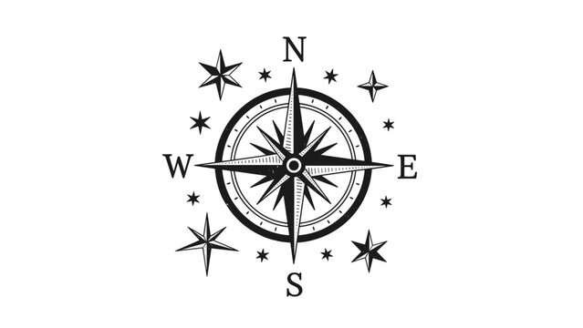 Compass rose with stars indicating directions north south east west for navigation and exploration