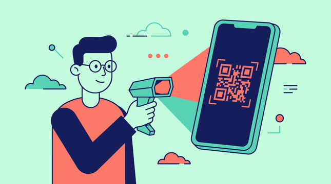 Man with glasses using handheld barcode scanner to read QR code on smartphone screen, illustrating digital payment systems and representing modern contactless authentication technology