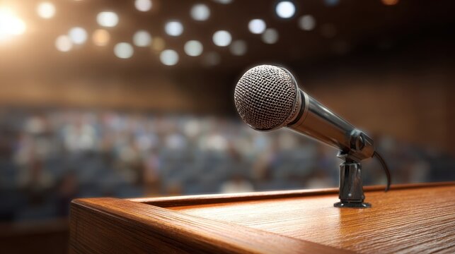 Professional podium setup for a presentation with microphone on a quiet conference stage