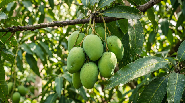 Green mangoes hanging from a tree branch with leaves in a tropical setting outdoors