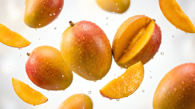 Fresh mango fruits and slices floating in air with water droplets on white background