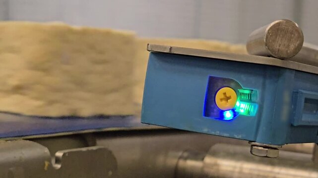 Industrial Optical Sensor Blinking On Automated Production Line Close Up