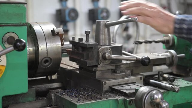 The engineer adjusts the lathe before starting work. The process of making a metal product in close-up.