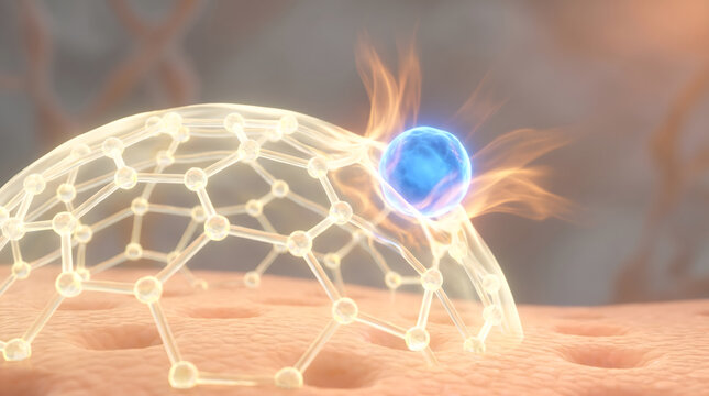 Lattice dome structure with glowing blue cell on skin surface emitting flame