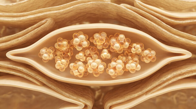 Organic pod cross section filled with golden pearl cluster inside fibrous wall texture