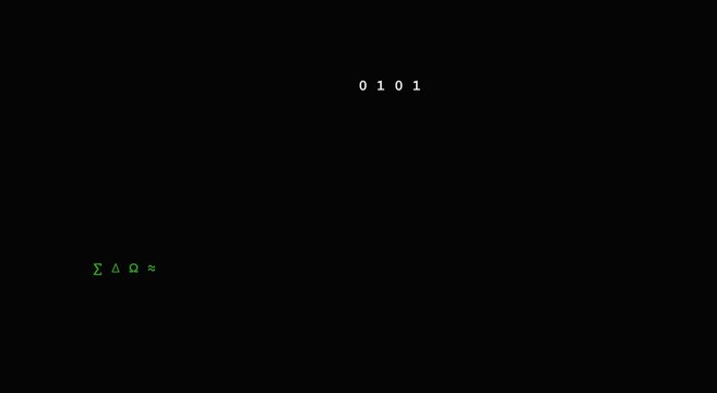 Digital binary code and mathematical symbols floating on animation black background