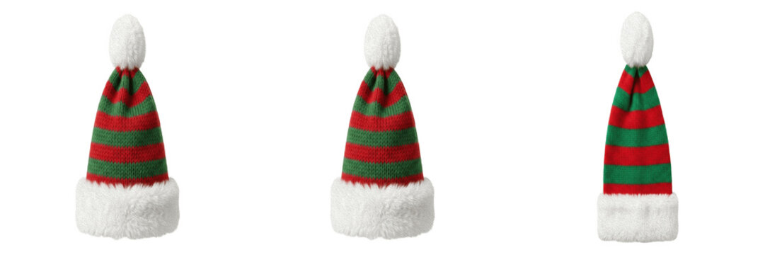 Festive red and green striped elf hats with white fur trim isolated on transparent PNG background