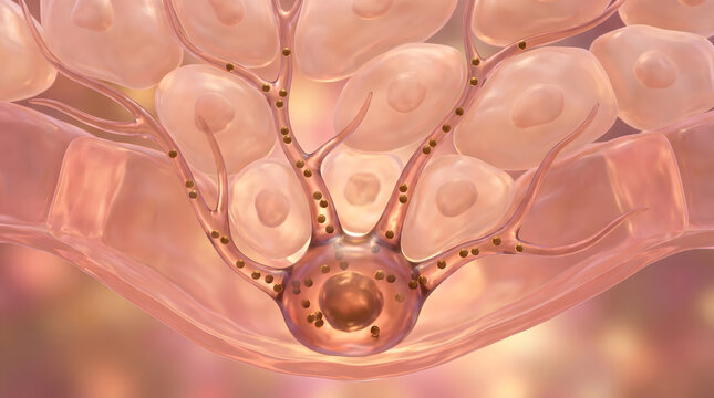 Close view of neural synapse with surrounding vesicle and golden particle release