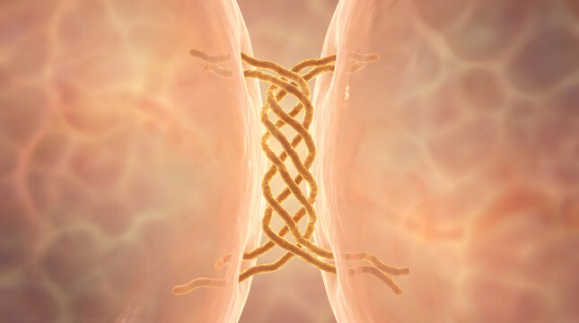 Two biological cell dividing with twisted golden chromatin strand between nucleus
