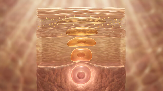 Vertical cross section showing multiple skin layer with cell division and particle