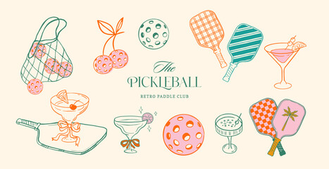 Obraz premium Retro pickleball club illustration set with cherry pickle balls, paddles and cocktails. Summer fun pickle ball vintage vector drawings collection