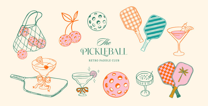 Retro pickleball club illustration set with cherry pickle balls, paddles and cocktails. Summer fun pickle ball vintage vector drawings collection