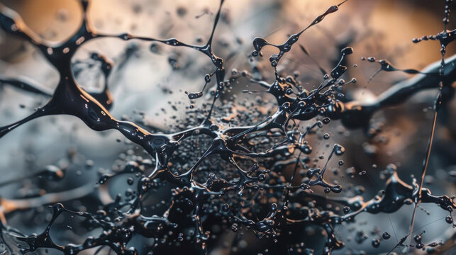 A highlydetailed closeup of a ferrofluid art piece revealing the intricate web of patterns and lines that make up the alien landscape. Delicate tendrils of ferrofluid are