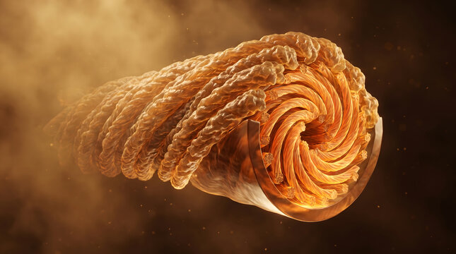 Cross section of intestine showing spiral fold villus layer and mucosal surface detail