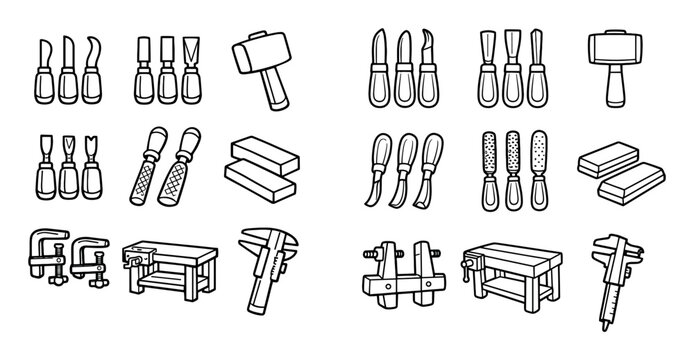 woodworking and carpentry vector icons with hammer, chisel and workbench for infographic design in outline style