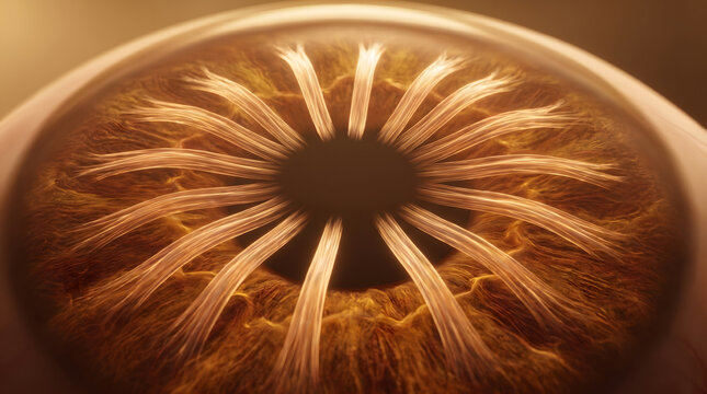 Macro human eye iris with radial golden fiber strand pattern and dark pupil center closeup