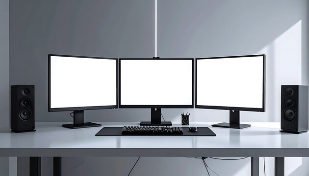 Triple monitor computer setup with blank screens, keyboard, mouse, and speakers on a desk, modern office workspace, technology and productivity