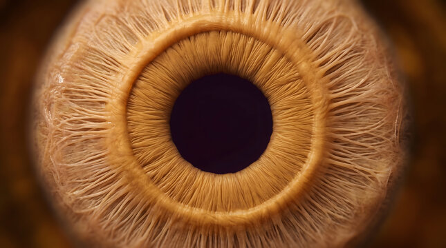Extreme macro human eye iris with fine radial fiber and warm brown golden tone pupil center