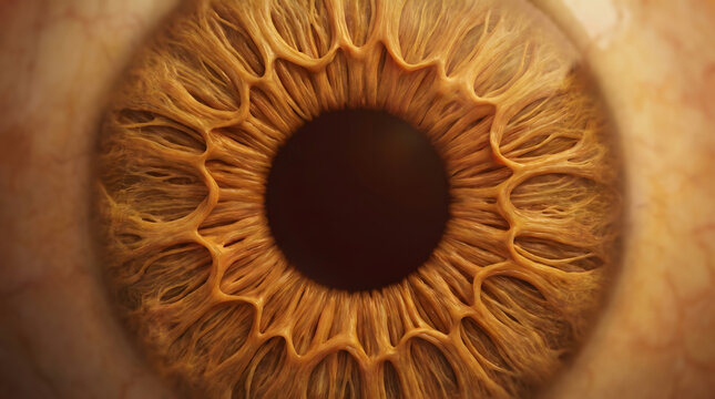 Extreme macro human eye iris with detailed golden fiber and dark radial vessel pattern closeup