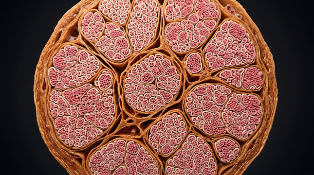 Circular cross section of nerve bundle with clustered fascicle and axon grouping