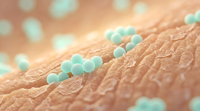 Teal spherical bacteria scattered on textured golden skin surface macro view