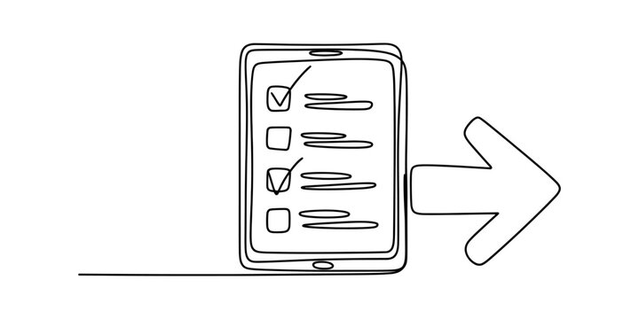 A continuous single line drawing of a digital tablet showing a task list with check marks and a pointing arrow icon for simple business concepts Vector, illustration