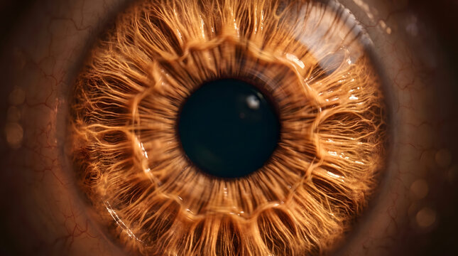 Golden brown iris extreme macro showing radial fiber texture and dark pupil center