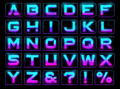 A retro-futuristic keyboard arrangement, featuring the alphabet keys from ABCDEF to YZ, in a 3D digital art or 3D rendering style The background is black, with sharp neon gradients - AI-Generated