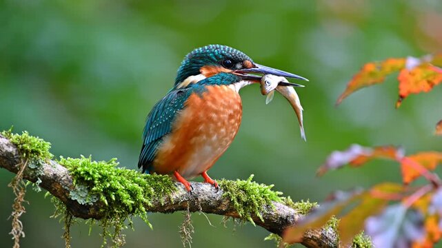 A common kingfisher with vibrant blue and orange plumage perches on a mossy tree branch while holding a small freshly caught silver fish in its beak against a soft green background.