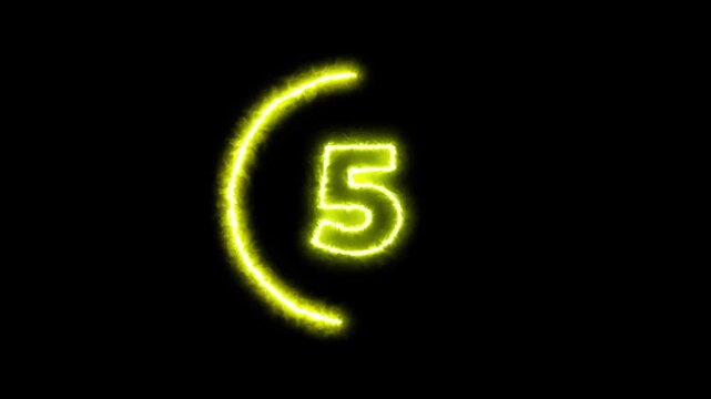 Glowing yellow neon reverse countdown clock animation showing numbers 10-1 with vibrant electrical energy circle stroke for dark gaming backdrop transitions.