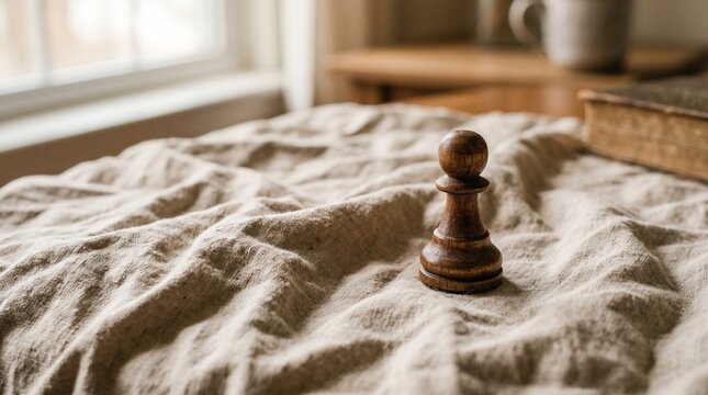 A solitary, aged wooden chess pawn stands thoughtfully on a deeply wrinkled linen fabric, evoking a sense of time-worn strategy and rustic contemplation