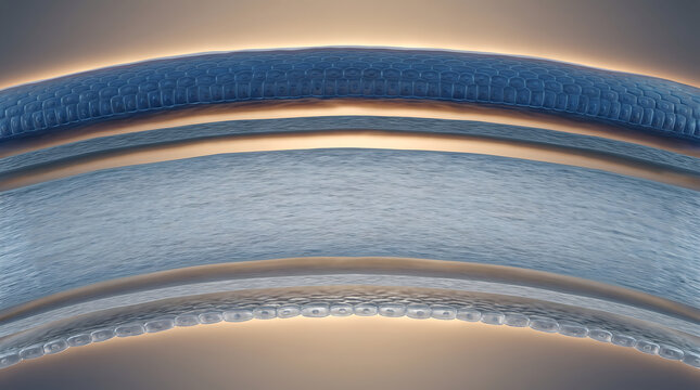 Curved cornea tissue cross section with blue epithelium layer and cell wall detail
