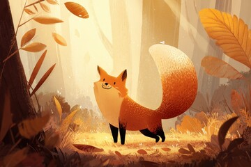 Fototapeta premium Cheerful red fox stretches among warm forest light