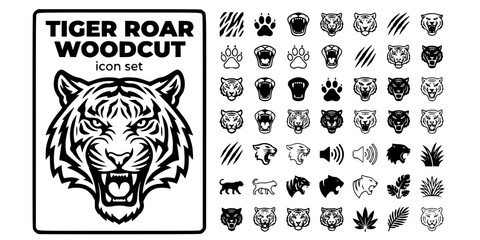 Tiger Roar Woodcut Black White-Stripe Fierce Eye Jaw-Wild Cat Vector-Tiger Icon Woodcut-T-Shirt Print Design Set © T-Shop