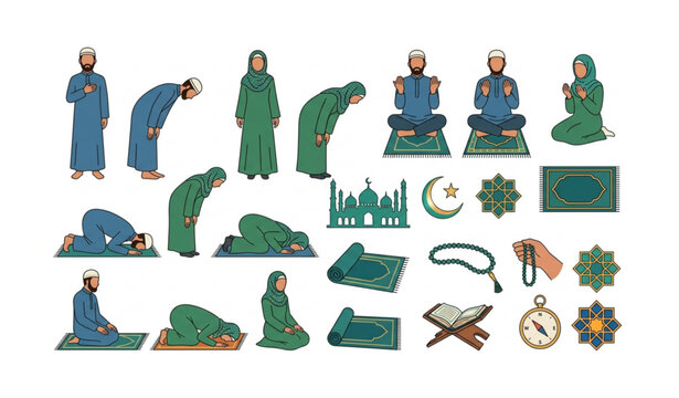 Muslim prayer salat and dua vector illustration set Islamic worship collection